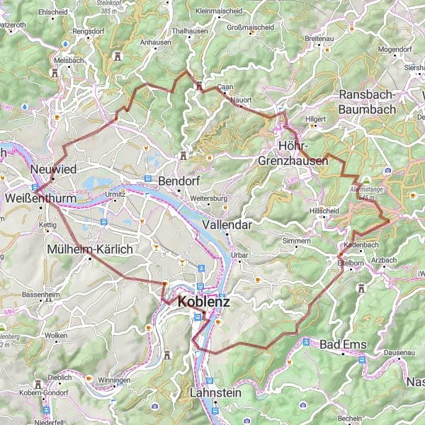 Map miniature of "The Gravel Adventure in the Westerwald" cycling inspiration in Koblenz, Germany. Generated by Tarmacs.app cycling route planner