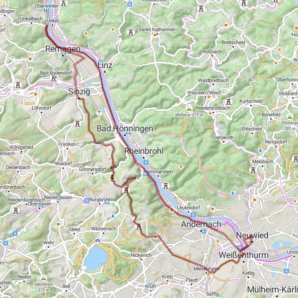 Map miniature of "The Gravel Adventure" cycling inspiration in Koblenz, Germany. Generated by Tarmacs.app cycling route planner