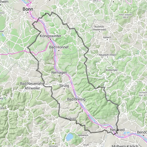 Map miniature of "Road Cycling Extravaganza in Neuwied" cycling inspiration in Koblenz, Germany. Generated by Tarmacs.app cycling route planner