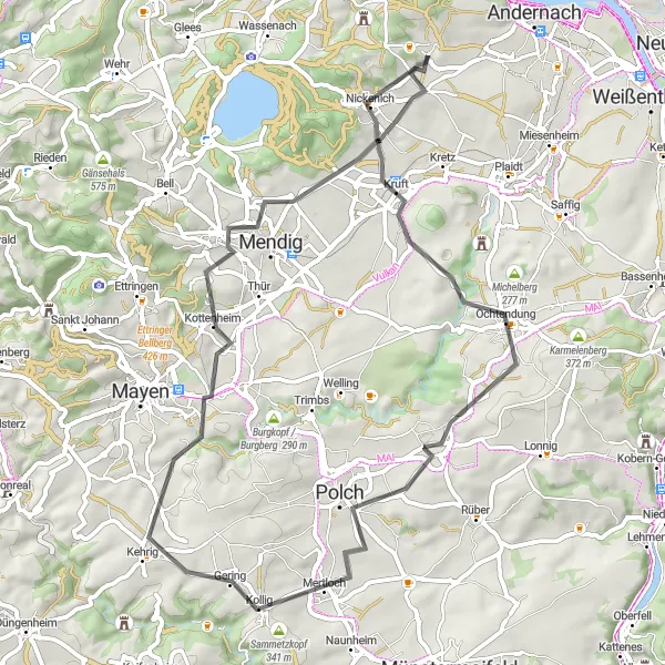 Map miniature of "The Quaint Villages" cycling inspiration in Koblenz, Germany. Generated by Tarmacs.app cycling route planner