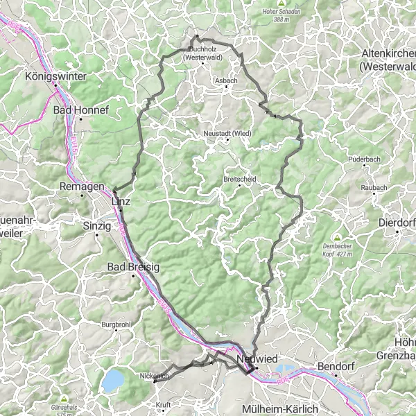 Map miniature of "Nickenich - Weißenthurm - Krahnenberg - Linz - Mehrberg - Rederscheid - Jähnen - Bürdenbach - Rengsdorf - Almblick - Neuwied - Nastberg" cycling inspiration in Koblenz, Germany. Generated by Tarmacs.app cycling route planner