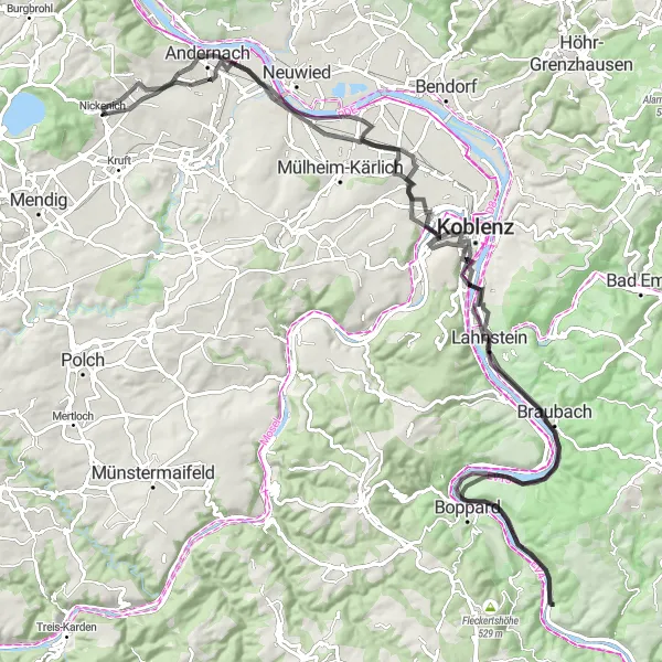 Map miniature of "Nickenich - Krahnenberg - Andernach - Koblenz - Dommelberg - Mittelberg - Kestert - Braubach - Koppelstein - Rittersturz - Foucault pendulum - Urmitz - Nastberg" cycling inspiration in Koblenz, Germany. Generated by Tarmacs.app cycling route planner