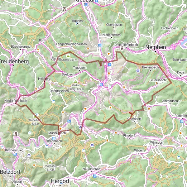 Karten-Miniaturansicht der Radinspiration "Gravel-Tour um Niederfischbach" in Koblenz, Germany. Erstellt vom Tarmacs.app-Routenplaner für Radtouren