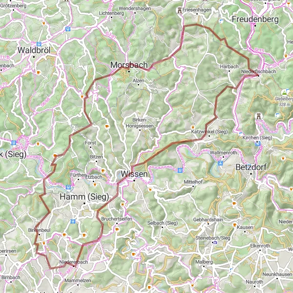 Map miniature of "Niederfischbach Gravel Escape" cycling inspiration in Koblenz, Germany. Generated by Tarmacs.app cycling route planner