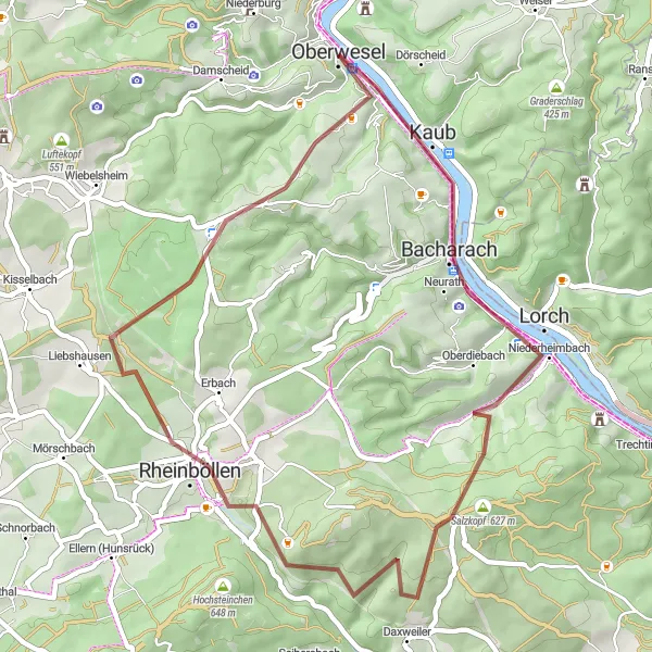 Map miniature of "Gravel adventure through the Middle Rhine" cycling inspiration in Koblenz, Germany. Generated by Tarmacs.app cycling route planner