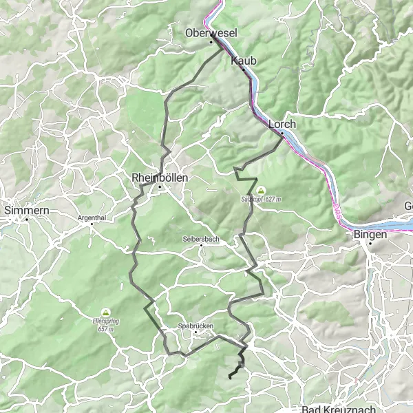 Map miniature of "The Hills of Kaub" cycling inspiration in Koblenz, Germany. Generated by Tarmacs.app cycling route planner