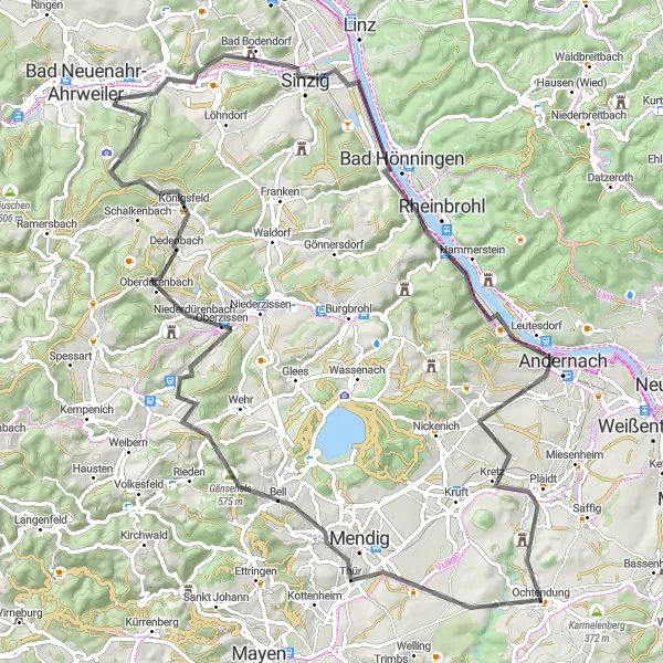 Map miniature of "Scenic Road Cycling to Sinzig and Krahnenberg" cycling inspiration in Koblenz, Germany. Generated by Tarmacs.app cycling route planner