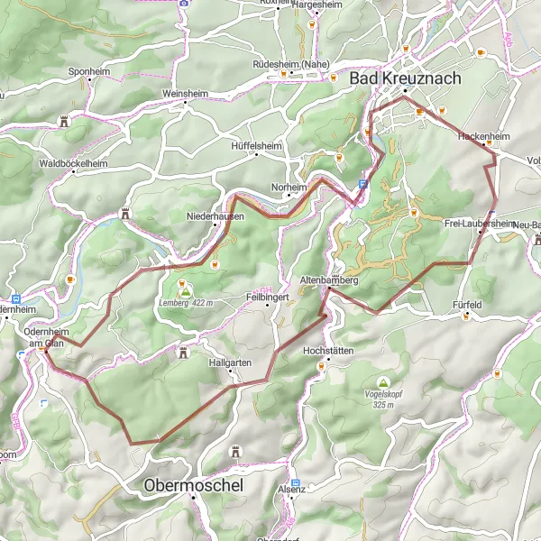 Karten-Miniaturansicht der Radinspiration "Erholsame Radtour von Odernheim" in Koblenz, Germany. Erstellt vom Tarmacs.app-Routenplaner für Radtouren