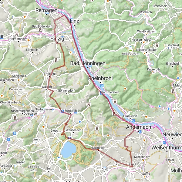 Map miniature of "Gravel Adventures near Plaidt" cycling inspiration in Koblenz, Germany. Generated by Tarmacs.app cycling route planner