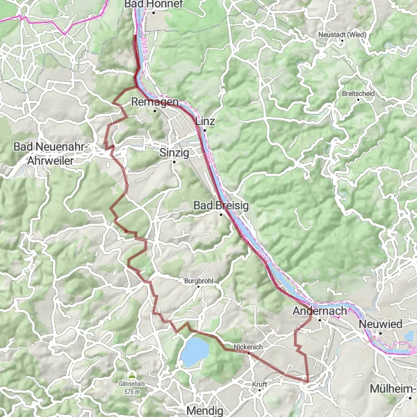 Map miniature of "Challenging Gravel Ride through Nature" cycling inspiration in Koblenz, Germany. Generated by Tarmacs.app cycling route planner