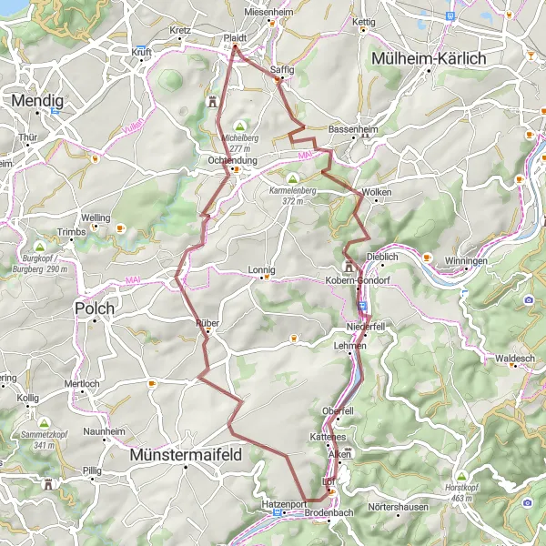 Map miniature of "Discovering Scenic Gravel Routes" cycling inspiration in Koblenz, Germany. Generated by Tarmacs.app cycling route planner