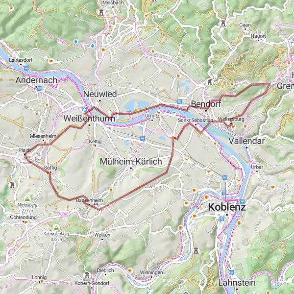 Karten-Miniaturansicht der Radinspiration "Rund um Koblenz" in Koblenz, Germany. Erstellt vom Tarmacs.app-Routenplaner für Radtouren