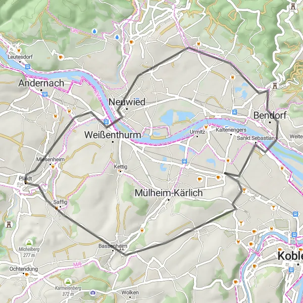 Karten-Miniaturansicht der Radinspiration "Roadtour durch die Region" in Koblenz, Germany. Erstellt vom Tarmacs.app-Routenplaner für Radtouren