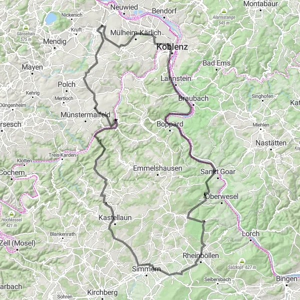 Map miniature of "The Ultimate Cycling Challenge" cycling inspiration in Koblenz, Germany. Generated by Tarmacs.app cycling route planner