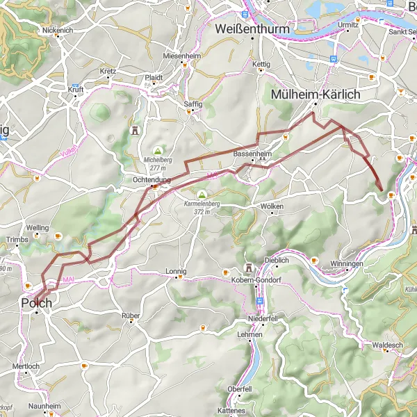Map miniature of "Gravel Adventure: Exploring the Countryside" cycling inspiration in Koblenz, Germany. Generated by Tarmacs.app cycling route planner