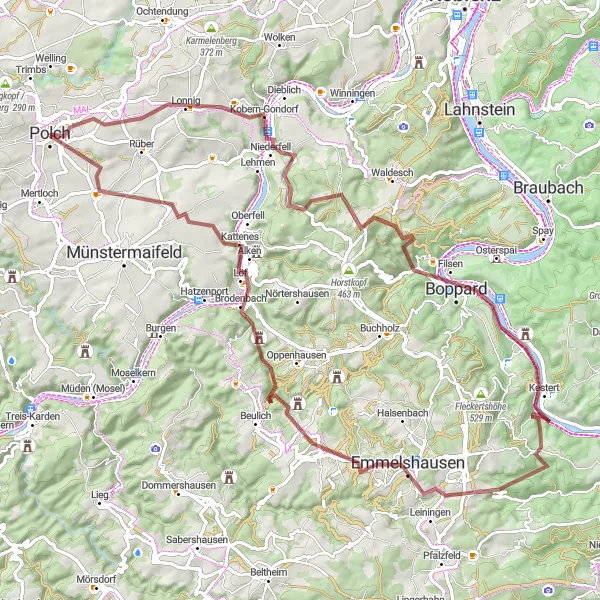 Map miniature of "Scenic Gravel Ride with Charming Villages" cycling inspiration in Koblenz, Germany. Generated by Tarmacs.app cycling route planner