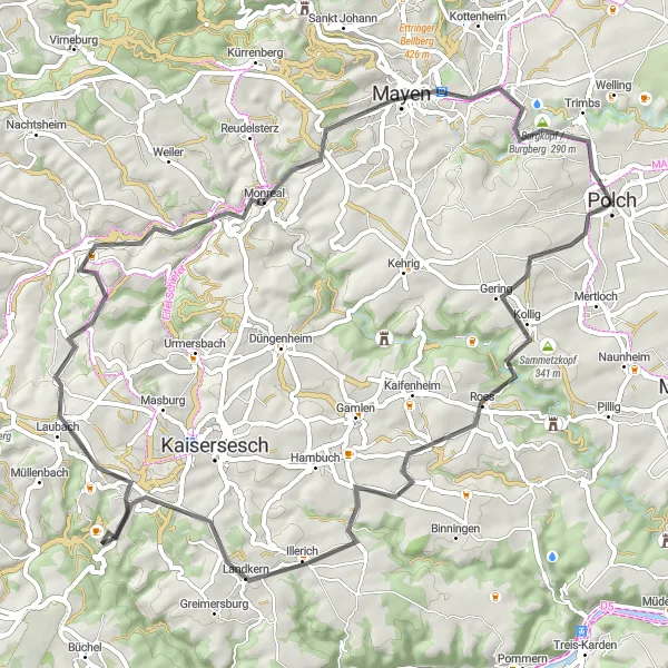 Map miniature of "A Land of Castles and Mountains" cycling inspiration in Koblenz, Germany. Generated by Tarmacs.app cycling route planner