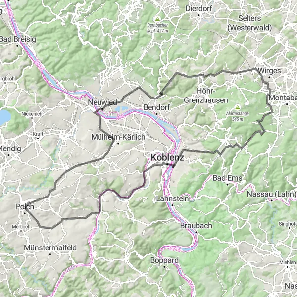 Map miniature of "The Hills and Castles Loop" cycling inspiration in Koblenz, Germany. Generated by Tarmacs.app cycling route planner