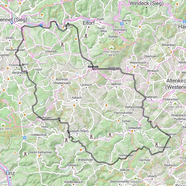 Karten-Miniaturansicht der Radinspiration "Die Hügel der Westerwalds" in Koblenz, Germany. Erstellt vom Tarmacs.app-Routenplaner für Radtouren