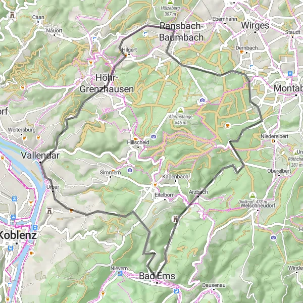 Karten-Miniaturansicht der Radinspiration "Malbergturm und Hundsdorf Rundtour" in Koblenz, Germany. Erstellt vom Tarmacs.app-Routenplaner für Radtouren