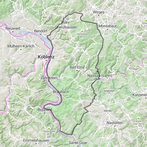 Map miniature of "The Nassau Loop" cycling inspiration in Koblenz, Germany. Generated by Tarmacs.app cycling route planner