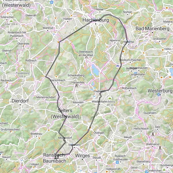 Map miniature of "Ransbach-Baumbach to Ebernhahn Scenic Route" cycling inspiration in Koblenz, Germany. Generated by Tarmacs.app cycling route planner