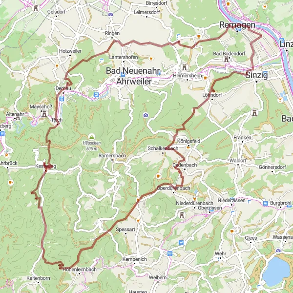 Map miniature of "Thrilling Adventure through Gravel Paths" cycling inspiration in Koblenz, Germany. Generated by Tarmacs.app cycling route planner