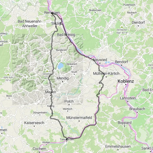 Map miniature of "Remagen Loop" cycling inspiration in Koblenz, Germany. Generated by Tarmacs.app cycling route planner