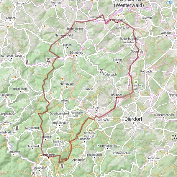 Map miniature of "Hümmerich and Prangenberg Gravel Route" cycling inspiration in Koblenz, Germany. Generated by Tarmacs.app cycling route planner