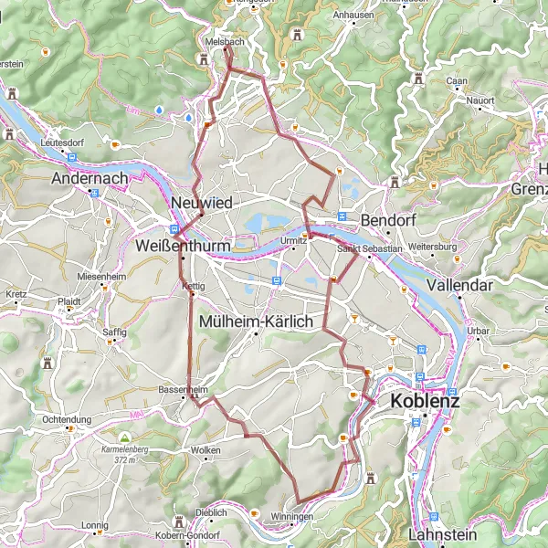Karten-Miniaturansicht der Radinspiration "Gravel-Tour um Neuwied" in Koblenz, Germany. Erstellt vom Tarmacs.app-Routenplaner für Radtouren