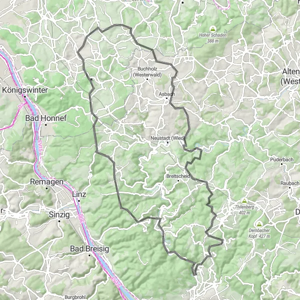 Karten-Miniaturansicht der Radinspiration "Rundweg von Rengsdorf nach Bonefeld" in Koblenz, Germany. Erstellt vom Tarmacs.app-Routenplaner für Radtouren