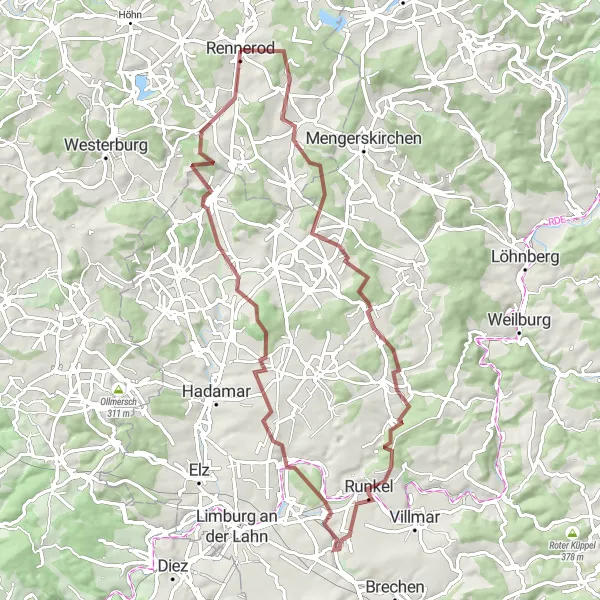 Map miniature of "Challenging gravel paths with a mix of historic landmarks" cycling inspiration in Koblenz, Germany. Generated by Tarmacs.app cycling route planner