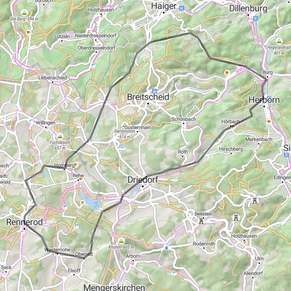 Karten-Miniaturansicht der Radinspiration "Rundweg von Rennerod nach Koblenz und zurück" in Koblenz, Germany. Erstellt vom Tarmacs.app-Routenplaner für Radtouren