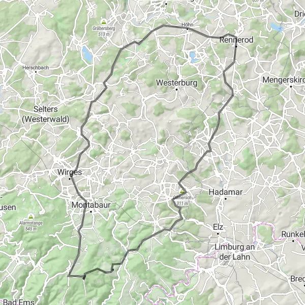 Map miniature of "Rennerod and Beyond" cycling inspiration in Koblenz, Germany. Generated by Tarmacs.app cycling route planner