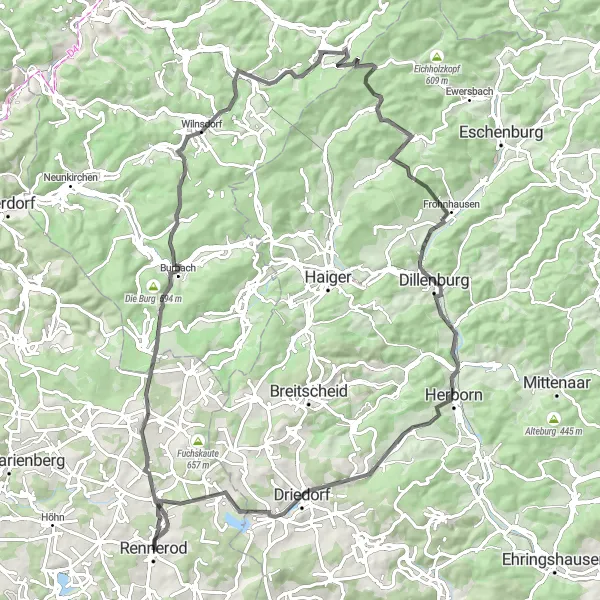 Karten-Miniaturansicht der Radinspiration "Malerischer Radweg in der Umgebung von Rennerod" in Koblenz, Germany. Erstellt vom Tarmacs.app-Routenplaner für Radtouren