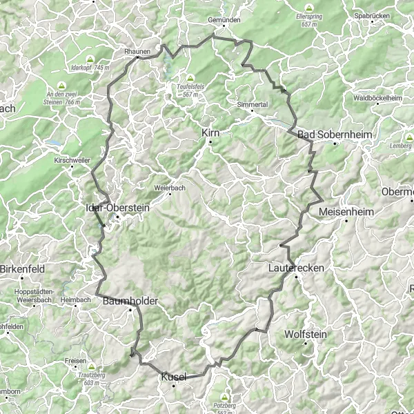Map miniature of "Idar-Oberstein Adventure" cycling inspiration in Koblenz, Germany. Generated by Tarmacs.app cycling route planner