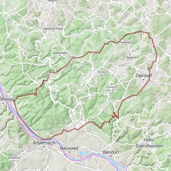 Map miniature of "Wied Valley Gravel Adventure" cycling inspiration in Koblenz, Germany. Generated by Tarmacs.app cycling route planner