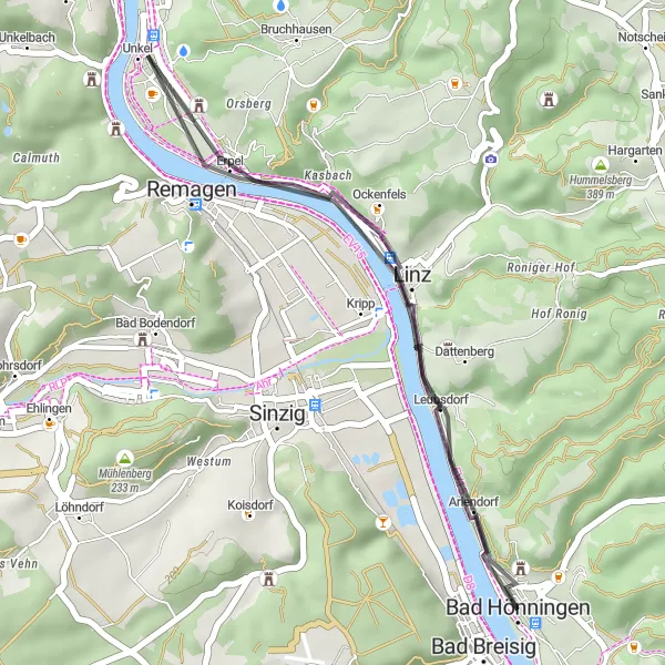 Map miniature of "Rhine River Road Experience" cycling inspiration in Koblenz, Germany. Generated by Tarmacs.app cycling route planner
