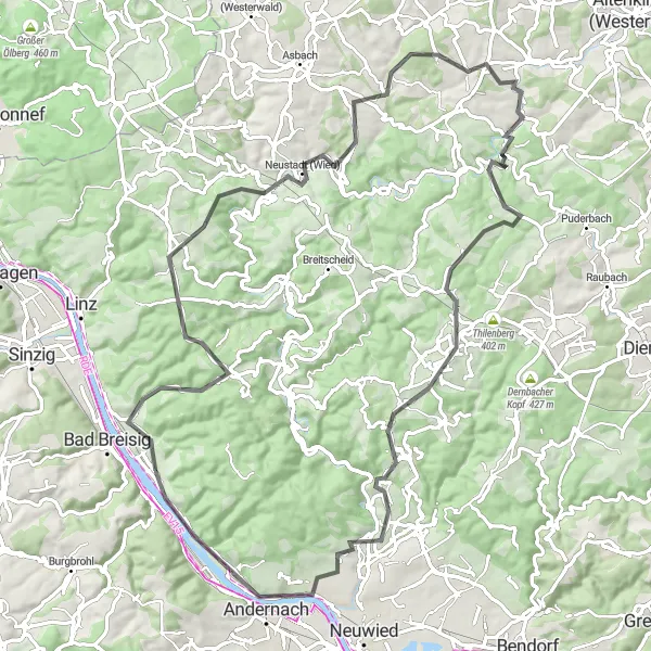 Map miniature of "River and Forest Adventure" cycling inspiration in Koblenz, Germany. Generated by Tarmacs.app cycling route planner