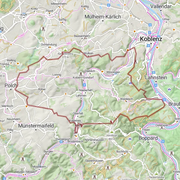 Map miniature of "Rhens-Gravel Adventure" cycling inspiration in Koblenz, Germany. Generated by Tarmacs.app cycling route planner