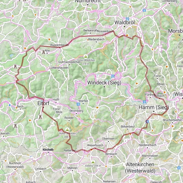 Map miniature of "Gravel Cycling Adventure near Roth" cycling inspiration in Koblenz, Germany. Generated by Tarmacs.app cycling route planner