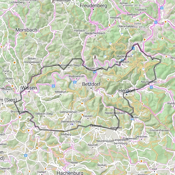 Karten-Miniaturansicht der Radinspiration "Panoramische Straßenradtour durch das Siegtal" in Koblenz, Germany. Erstellt vom Tarmacs.app-Routenplaner für Radtouren