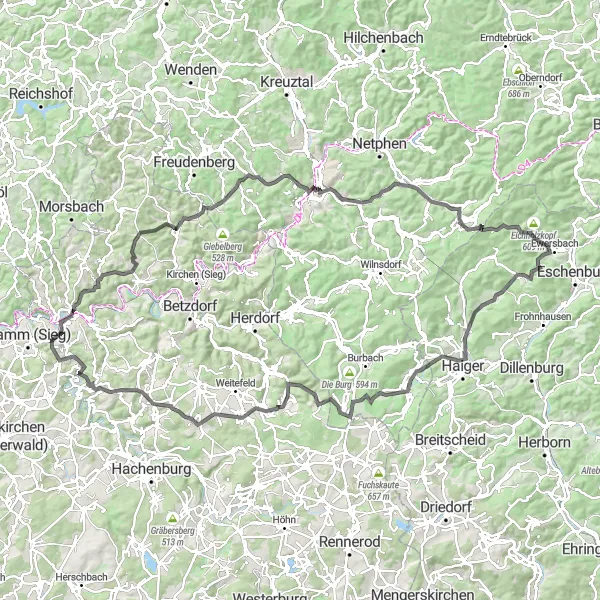 Karten-Miniaturansicht der Radinspiration "Rundtour ab Roth über Wissen und Siegen" in Koblenz, Germany. Erstellt vom Tarmacs.app-Routenplaner für Radtouren