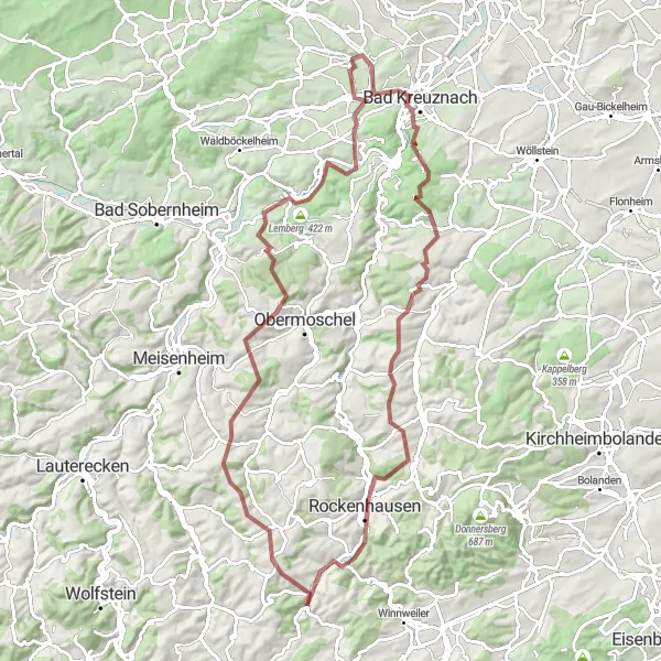 Map miniature of "Roxheim - Hargesheim - Gans - Würzweiler - Gundersweiler - Teschenmoschel - Oberhausen an der Nahe - Lemberg - Lohrer Köpfe - Rüdesheim (Nahe)" cycling inspiration in Koblenz, Germany. Generated by Tarmacs.app cycling route planner