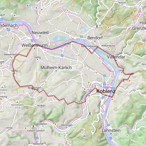 Map miniature of "Riverside Gravel Adventure" cycling inspiration in Koblenz, Germany. Generated by Tarmacs.app cycling route planner