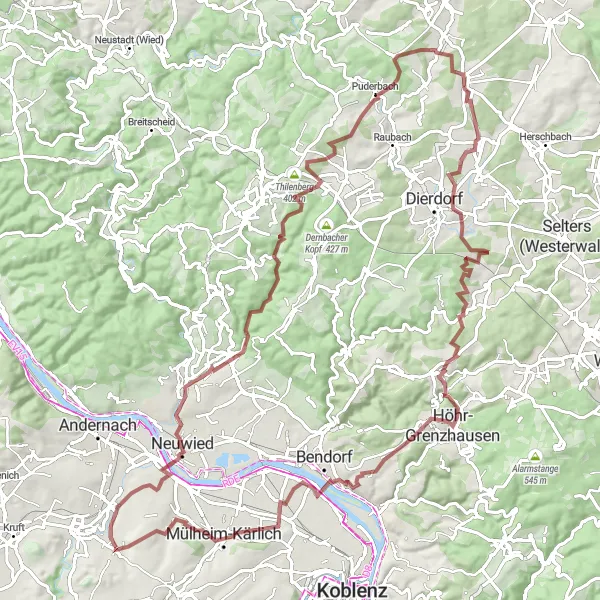 Map miniature of "The Gravel Adventure" cycling inspiration in Koblenz, Germany. Generated by Tarmacs.app cycling route planner