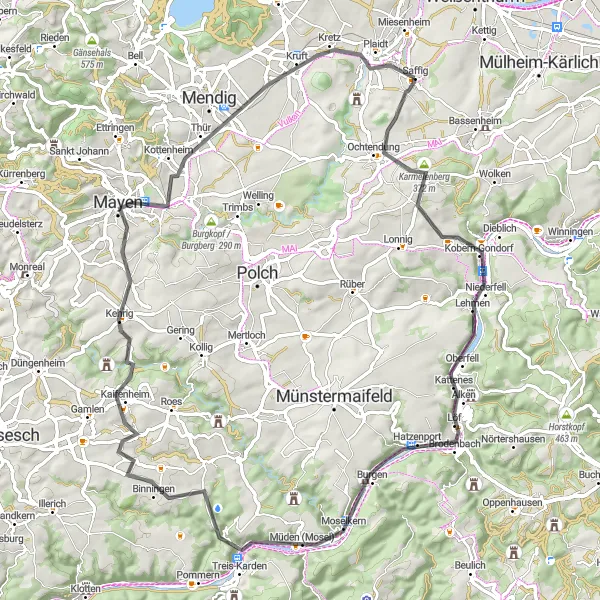 Map miniature of "Karmelenberg & Plaidt Road Journey" cycling inspiration in Koblenz, Germany. Generated by Tarmacs.app cycling route planner