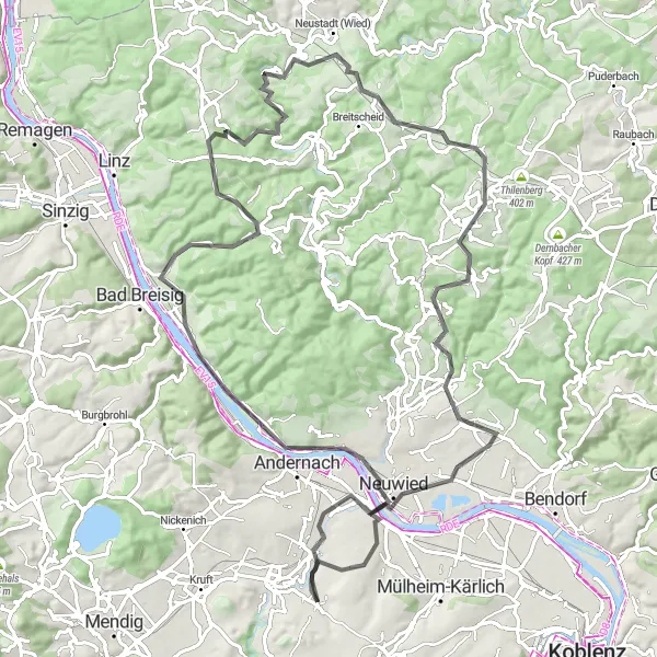 Map miniature of "Rhine River Loop" cycling inspiration in Koblenz, Germany. Generated by Tarmacs.app cycling route planner