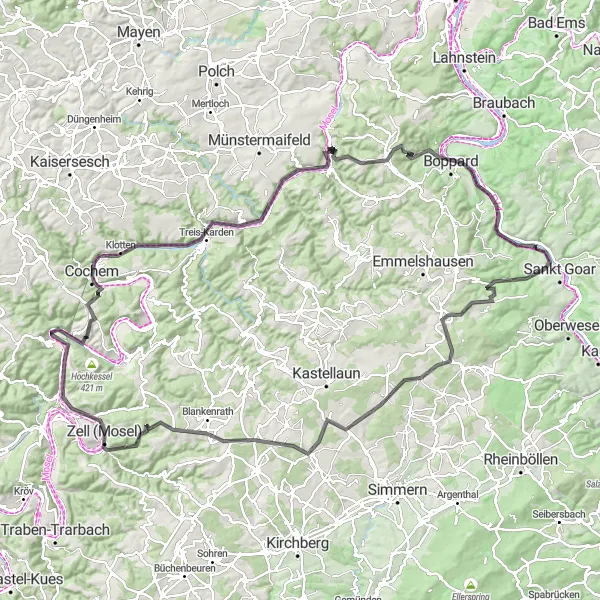 Map miniature of "Moselle Highlands Road Challenge" cycling inspiration in Koblenz, Germany. Generated by Tarmacs.app cycling route planner