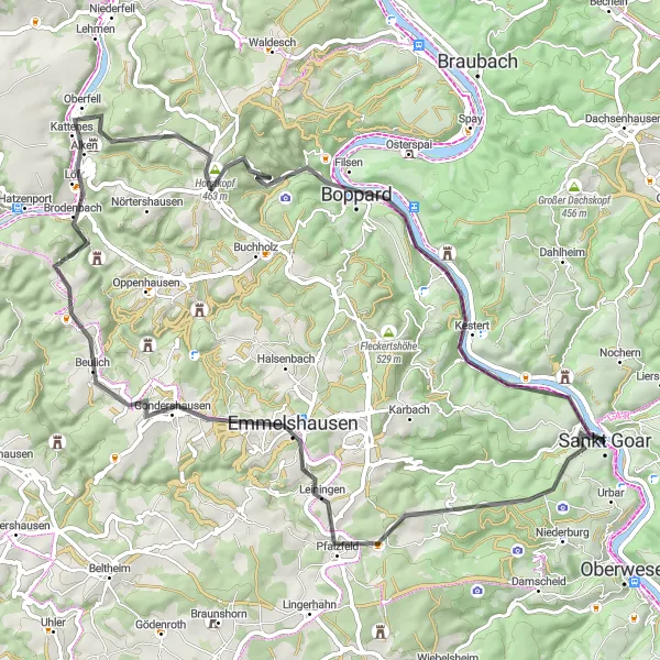 Map miniature of "Rhine Valley Road Adventure" cycling inspiration in Koblenz, Germany. Generated by Tarmacs.app cycling route planner